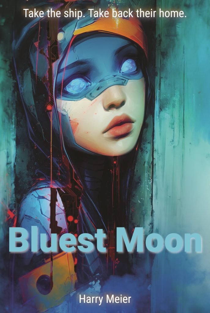 Cover image sample for the book Bluest Moon by Harry Meier. A shoulders-up image of a femme-presenting cybernetic person staring off into the distance through haunting blue on blue eyes. The bottom half of her face is the only skin showing through blue and orange cybernetic panels. Red circuitry drips down from her head as she looks out from a dark corner. The background is weathered stone wall of more shades of blue to teal. The line at the top of the cover reads "Take the ship. Take back their home."