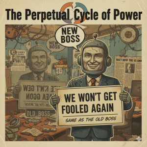 AI generated image of a boss in a suit, wearing a robot helmet, holding a sign that reads "We won't get fooled again. Same as the old boss." in reference to the song by The Who. Nonsensical background images reflect a mess of an office with newspapers and a garbled version of the boss repeated.