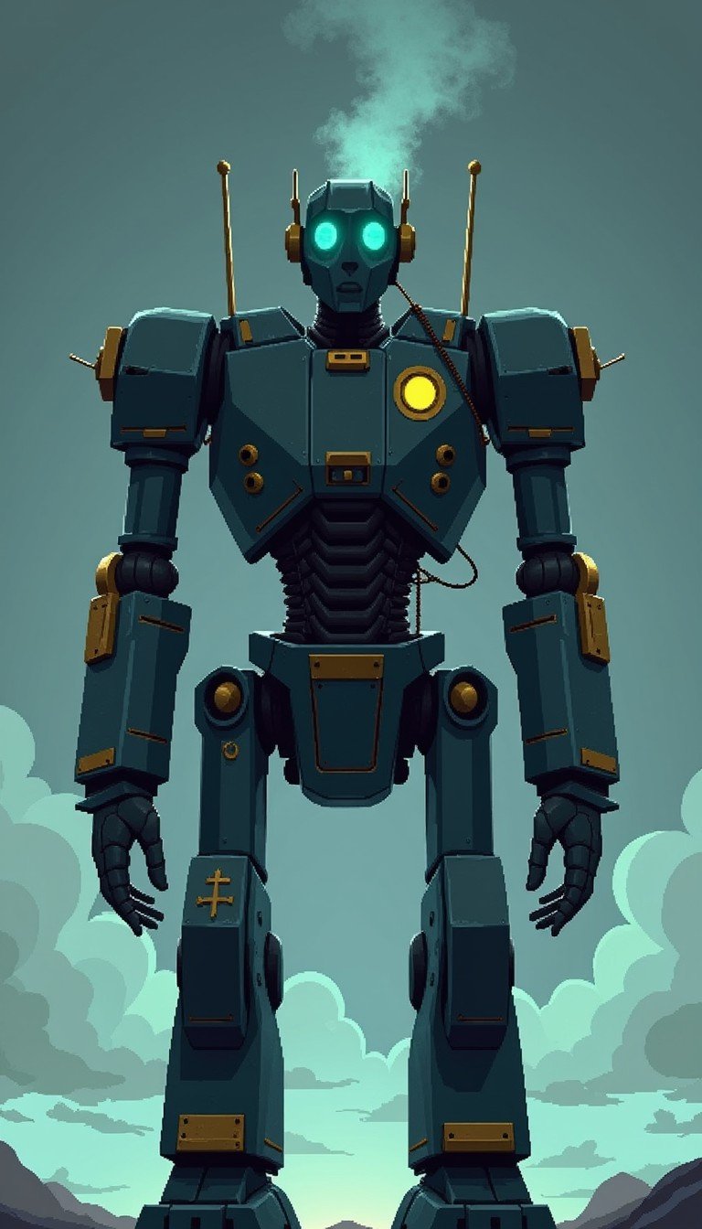 Robot figure with smoke coming from its head