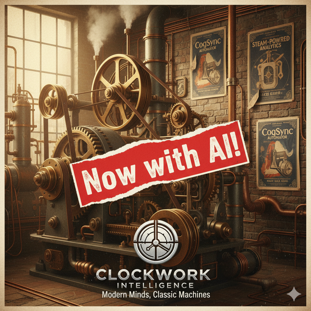 AI Generated image of an old steam powered machine. Old adds on the brick wall behind it say things like "Steam-powered analytics" and "CogSync Automator". In the foreground a red banner is plastered front and center saying "Now with AI!". The bottom center reads "Clockwork Intelligence. Modern Minds, Classic Machines"