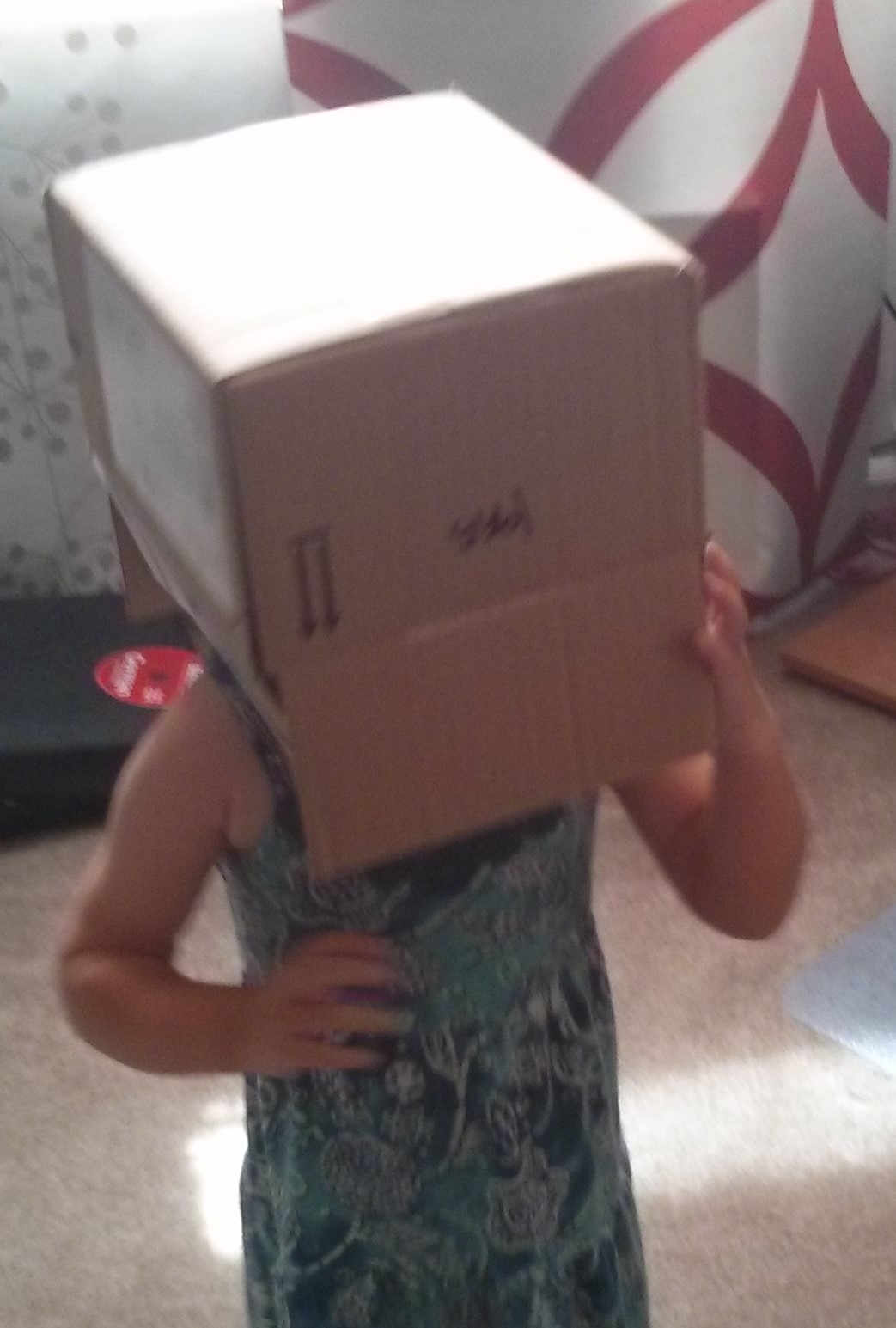 A child with a box on their head