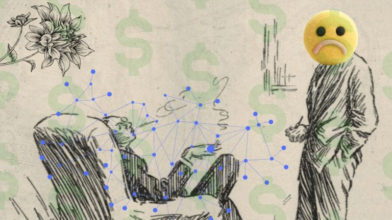 Two hand-sketched, suited people chat, one in an armchair facing their back at us and holding a cigarette, the other standing, holding a pipe. There are large flowers above the armchair. The hand-drawn image is superimposed with a textured rendering of a sad-face emoji covering the standing person's face. A seemingly random network of nodes hovers above the person in the armchair.