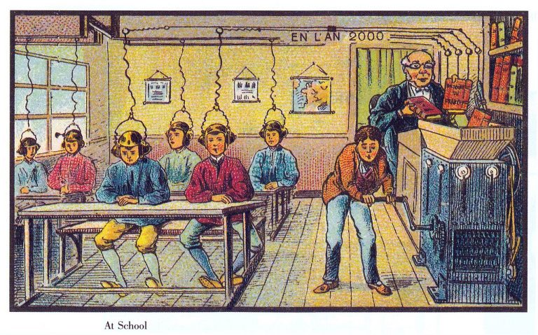 A French vision of school in the year 2000 as envisioned in 1899, where books would be sent to the shredder while the children wear headsets uploading knowledge to their minds. We got part of it, I guess...